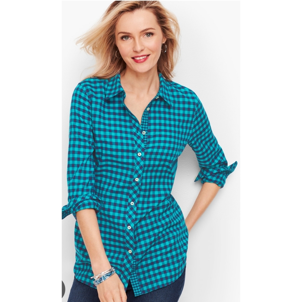 Talbots Classic Gingham Top Teal & Navy Size SP